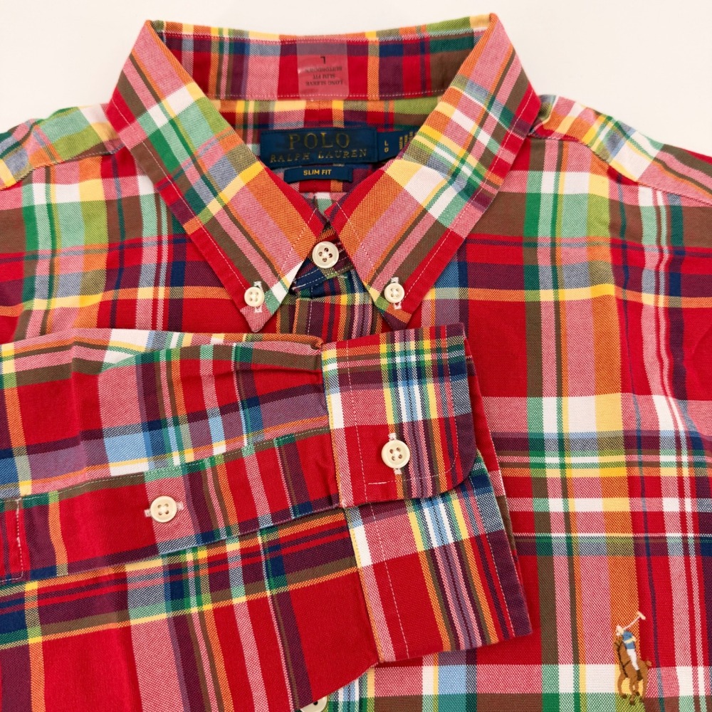 Polo Ralph Lauren Button Down Mens L Red Plaid Slim Fit Madras Long Sleeve Shirt